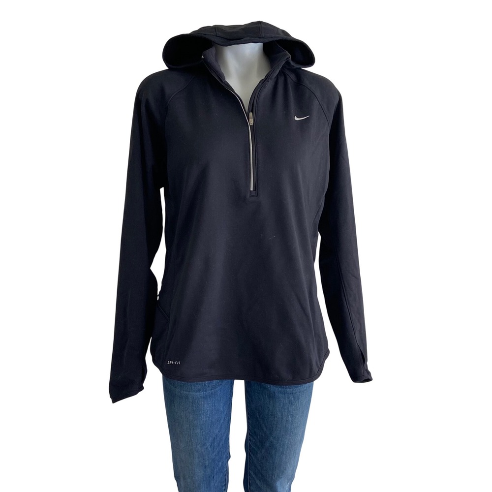 Nike Dri-FIT Womens XL Black Half Zip Running Hoodie Thumbholes Pocket Pullover